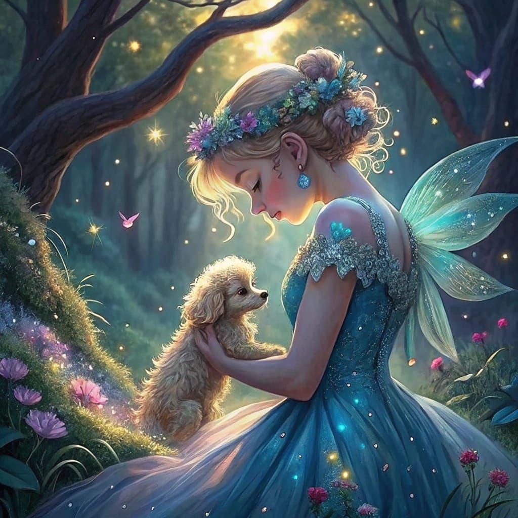 Tinkerbell with Puppy in Forest, Matte Painting Style