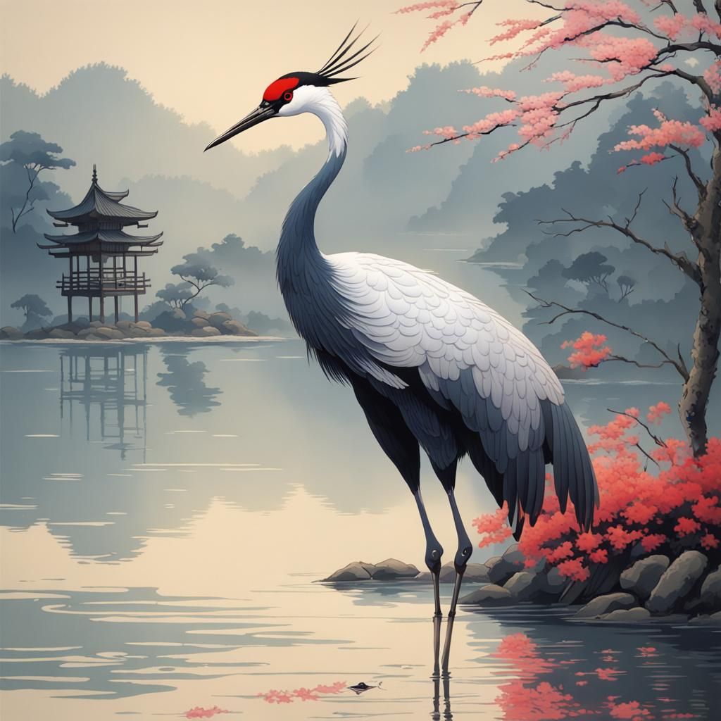 Elegant Crane Bird at Lake in Japanese Zen Style