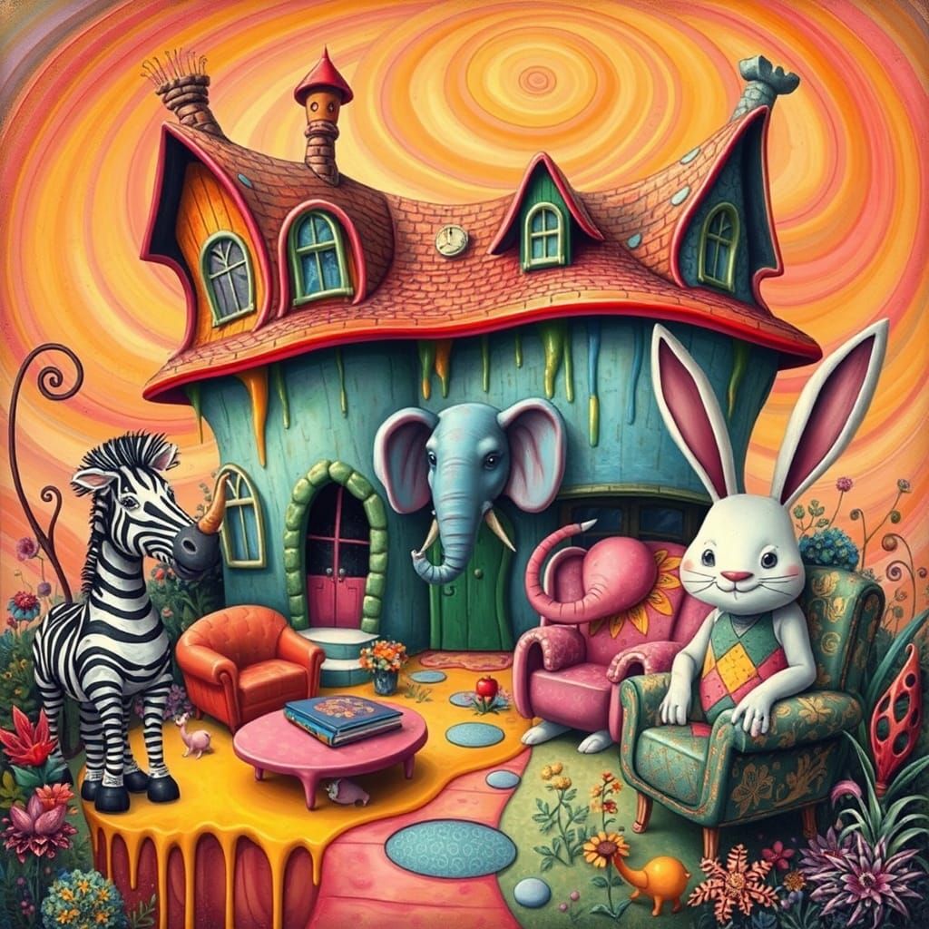 a house distorted and contorted, wacky animals