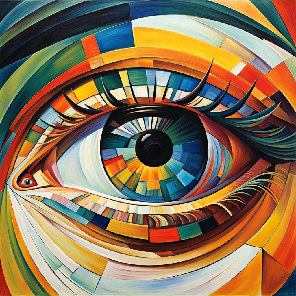 Eye Reflecting Joyful Sun in Abstract Cubism