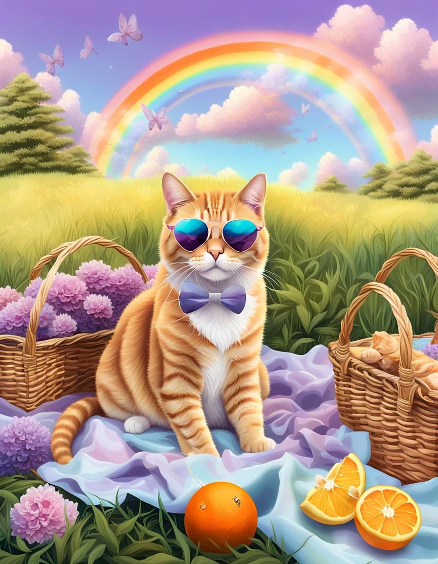 Tabby Cat's Pastel Picnic in Grassy Clearing