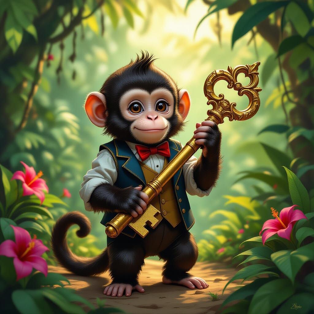 Curious Monkey with Golden Key in Lush Jungle