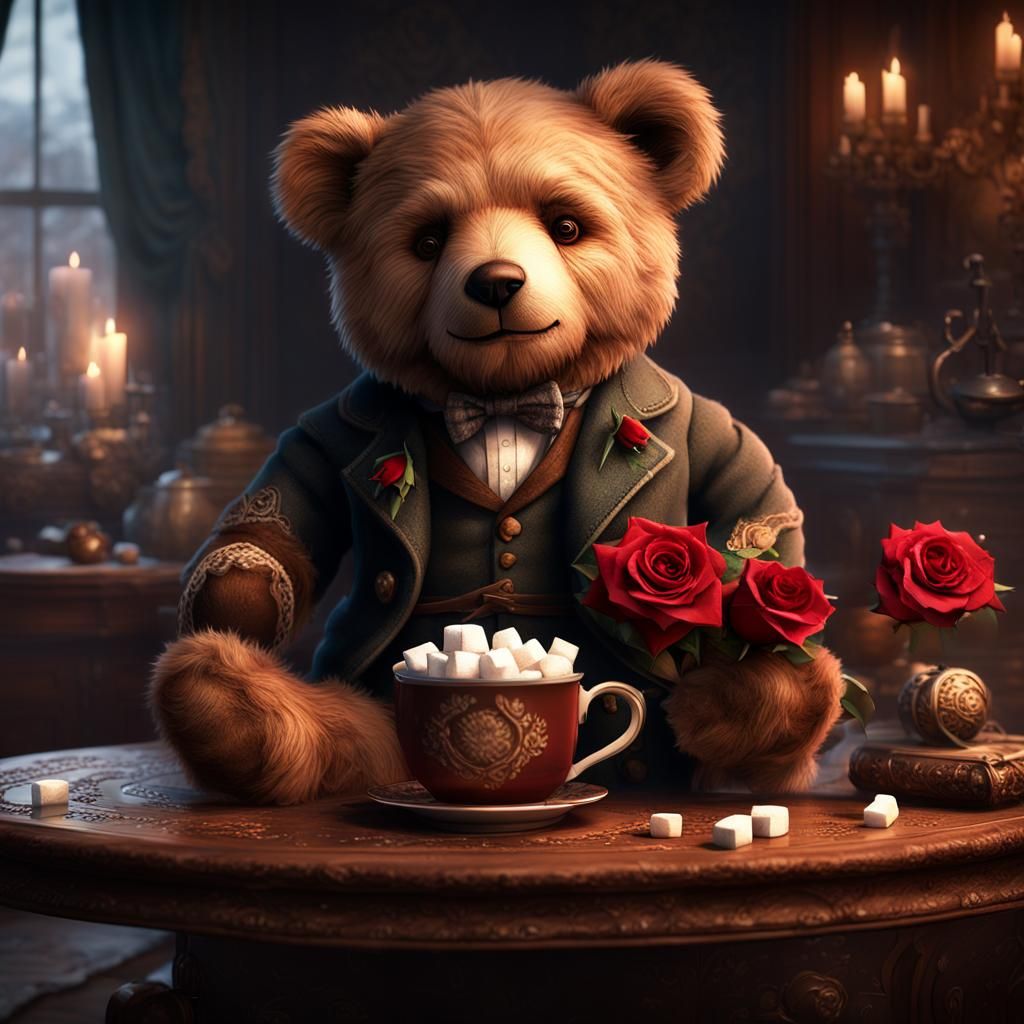 Teddy Bear with Cocoa in Victorian Style