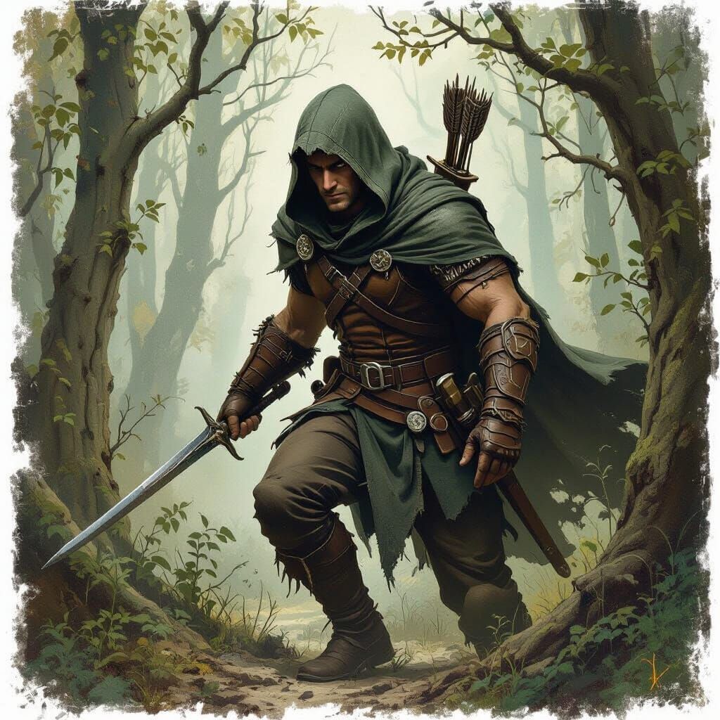 Ancient Elf Rogue in Mystical Forest