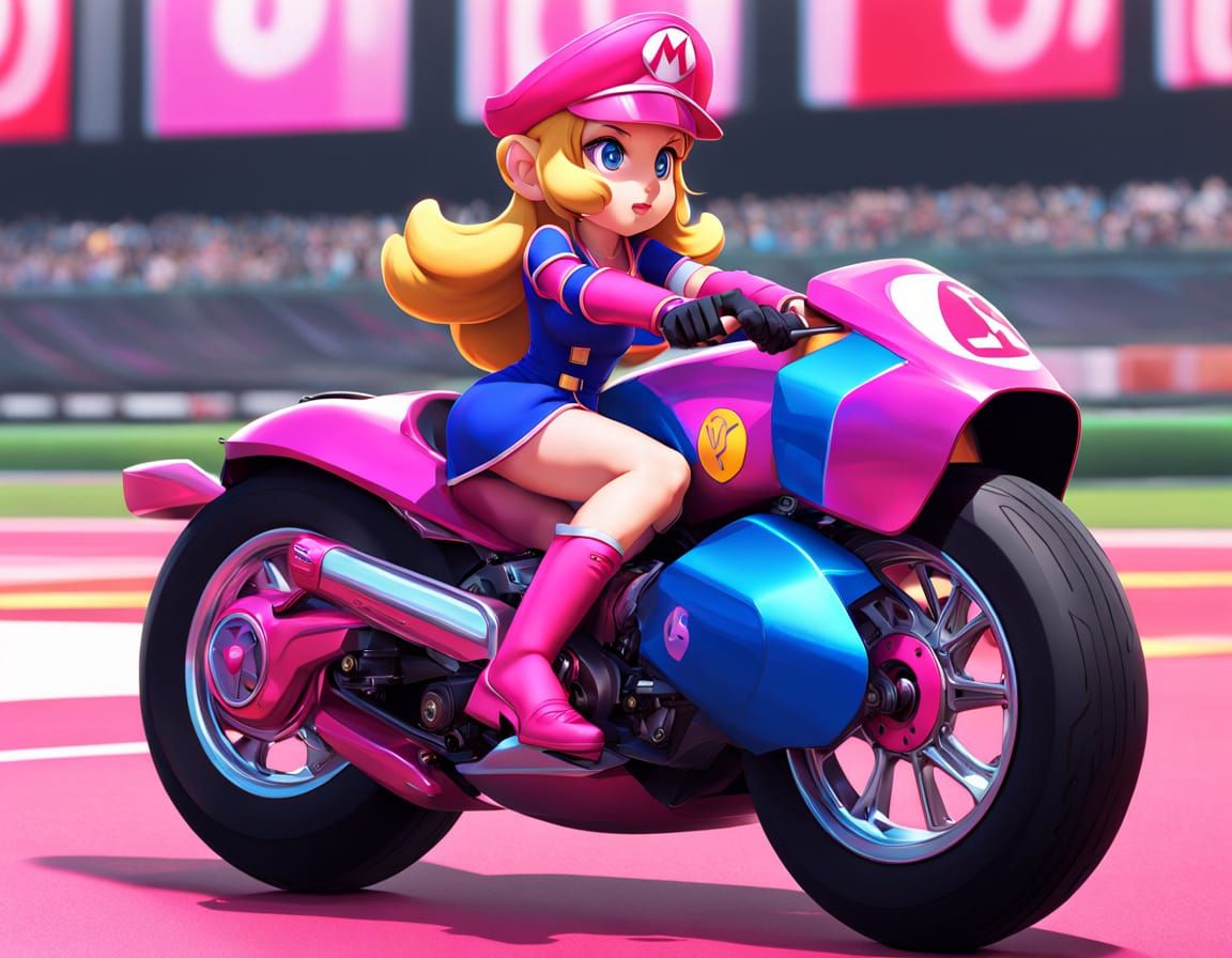 Confident Princess Peach Rides Mario Kart Motorcycle