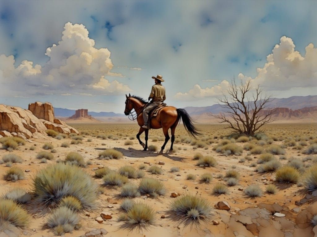 Cowboy Rides Through Arid Desert Landscape