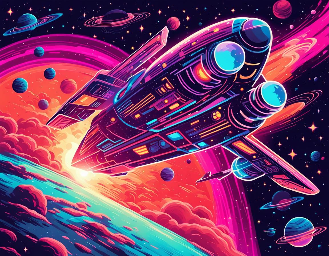 Retro Sci-Fi Spaceship Soaring Through Galaxy
