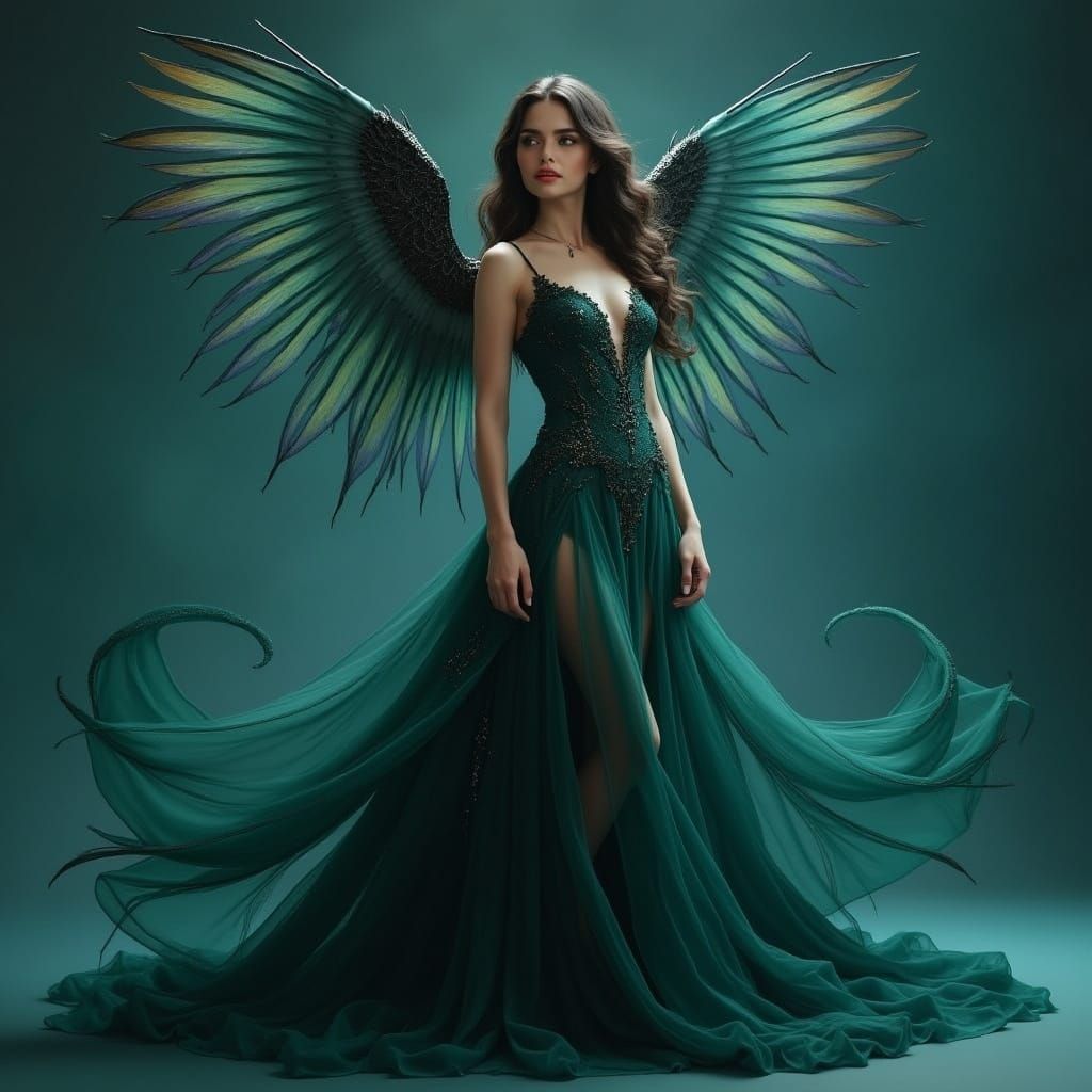 Majestic Archangel in Elegant Green Gown with Majestic Wings