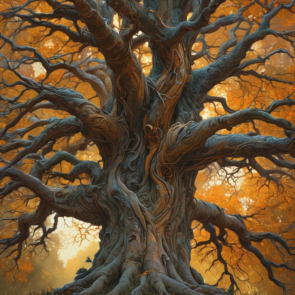Gnarled Ancient Tree in Vibrant Fantasy Landscape