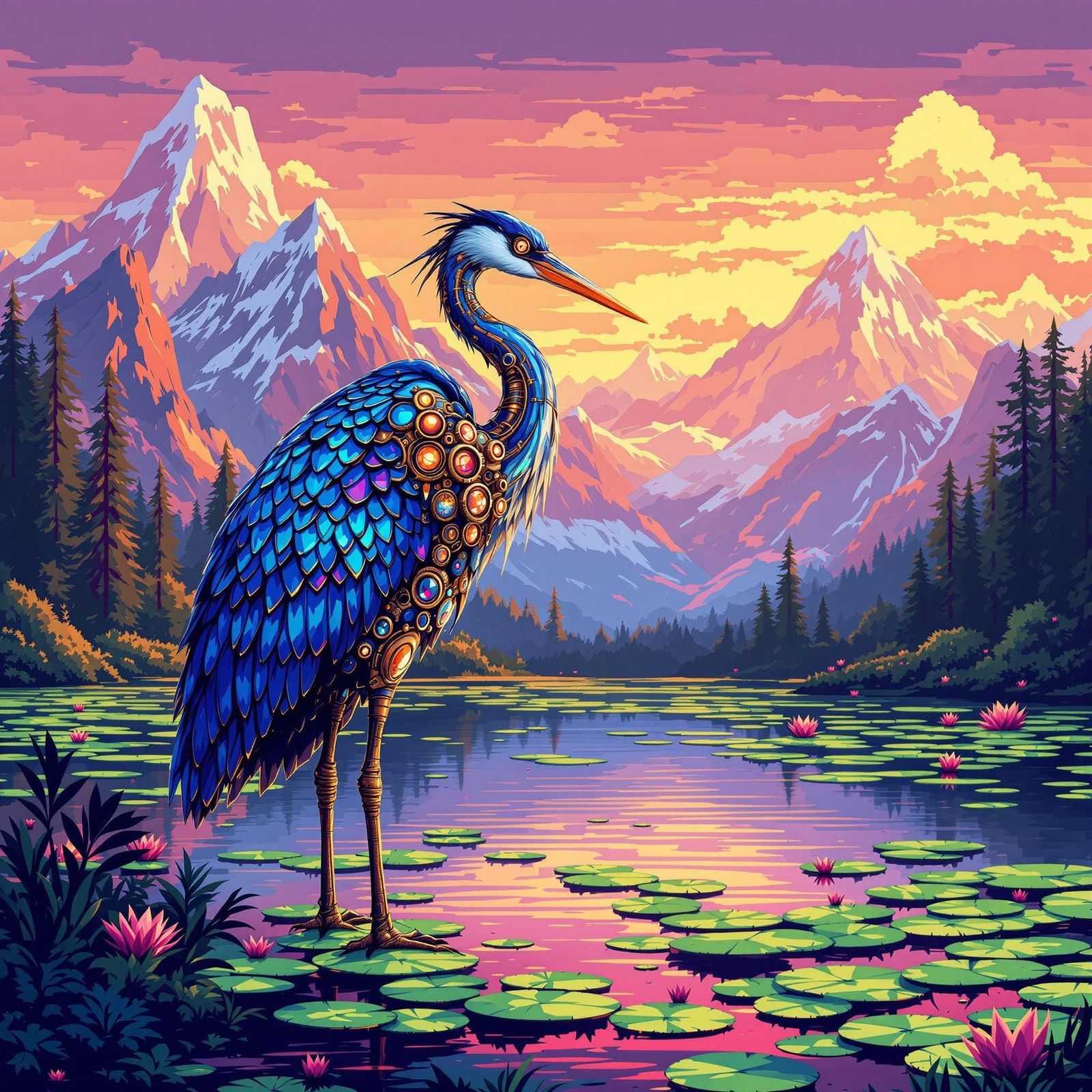 Steampunk Heron in Pixel Art Style