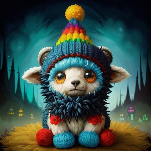 Sad Teddy Bear with Colorful Hat in Whimsical Style