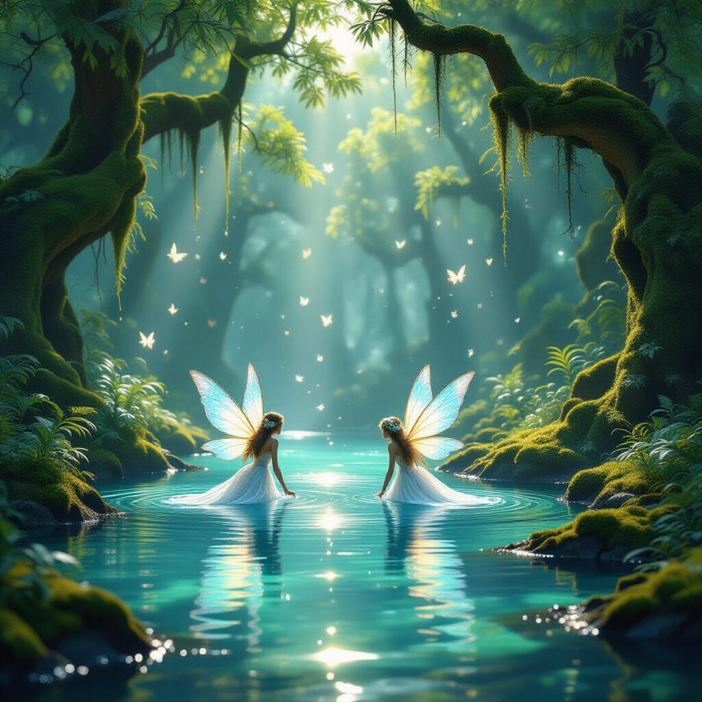 Fairies Play in Sunlit Forest Pond