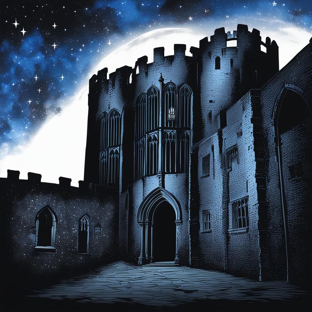 Gothic Castle Silhouetted Against Cosmic Night Sky