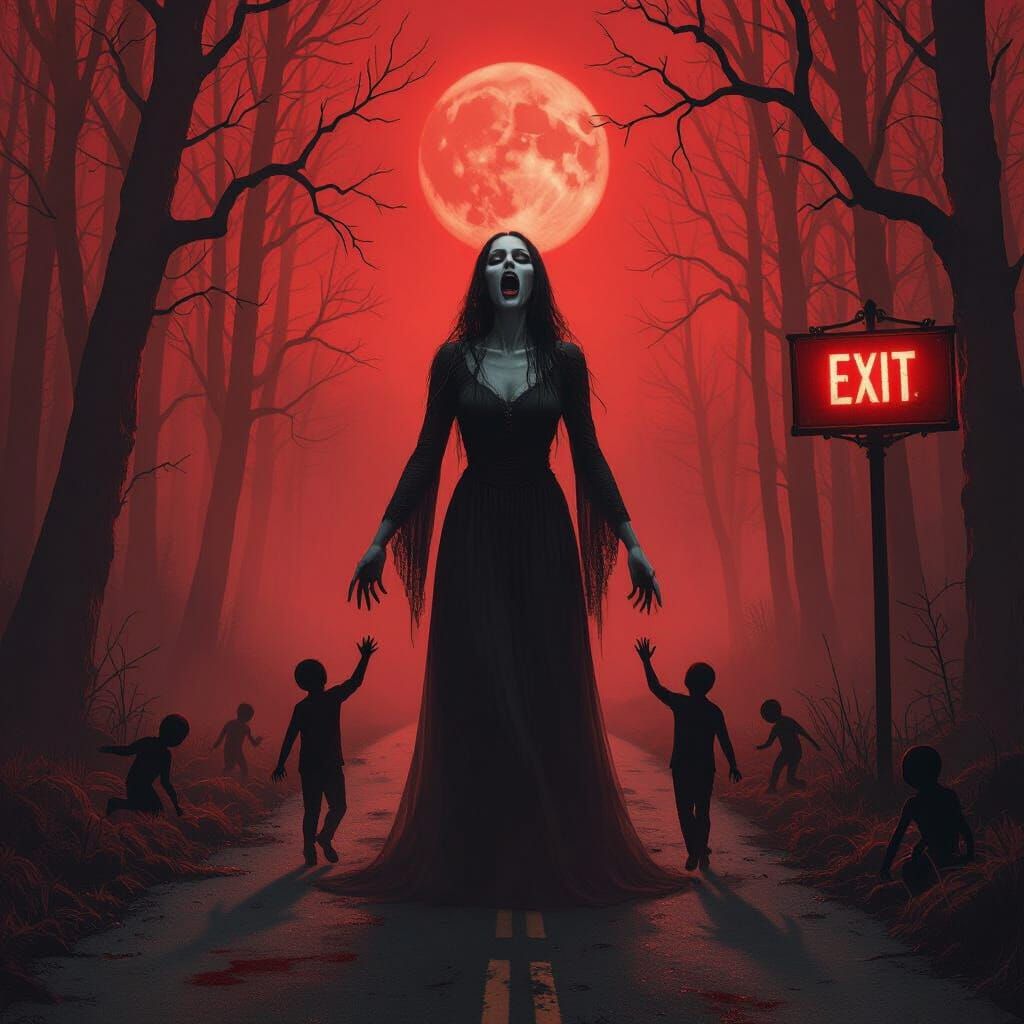 Eerie Forest Road Scene with Ghostly Woman