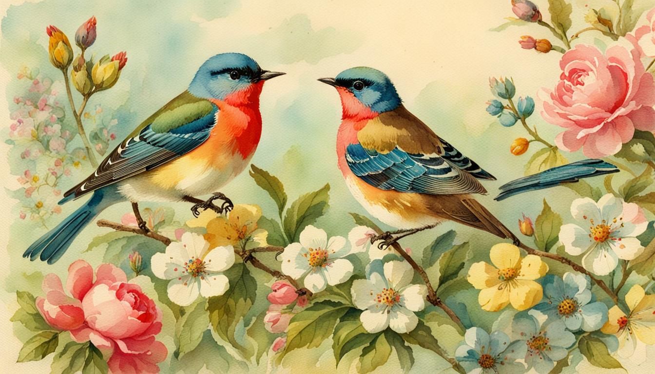 Vintage Floral Napkin with Watercolor Bird Illustration