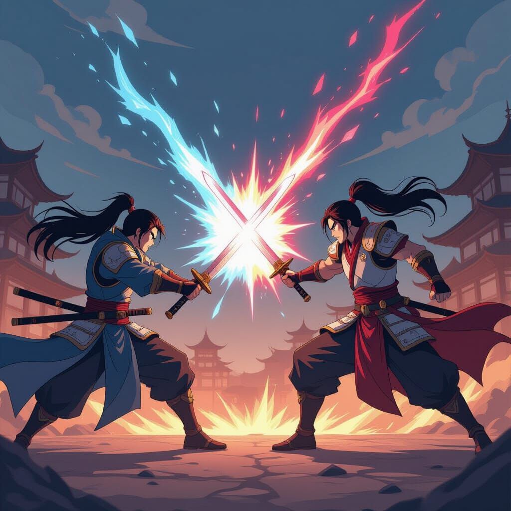 Anime Warriors Duel in Dynamic Manga Style