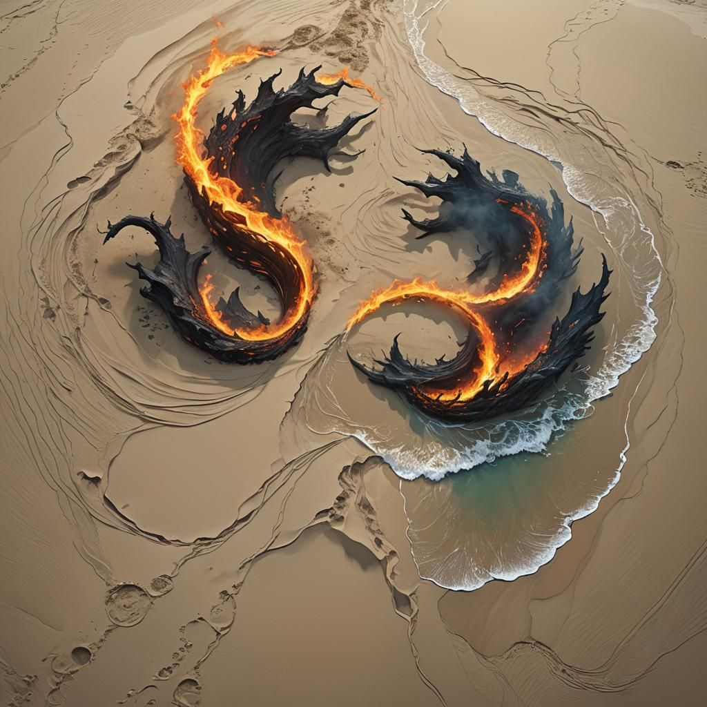 "Merging with nature, water and fire meet in harmony over the sand. "