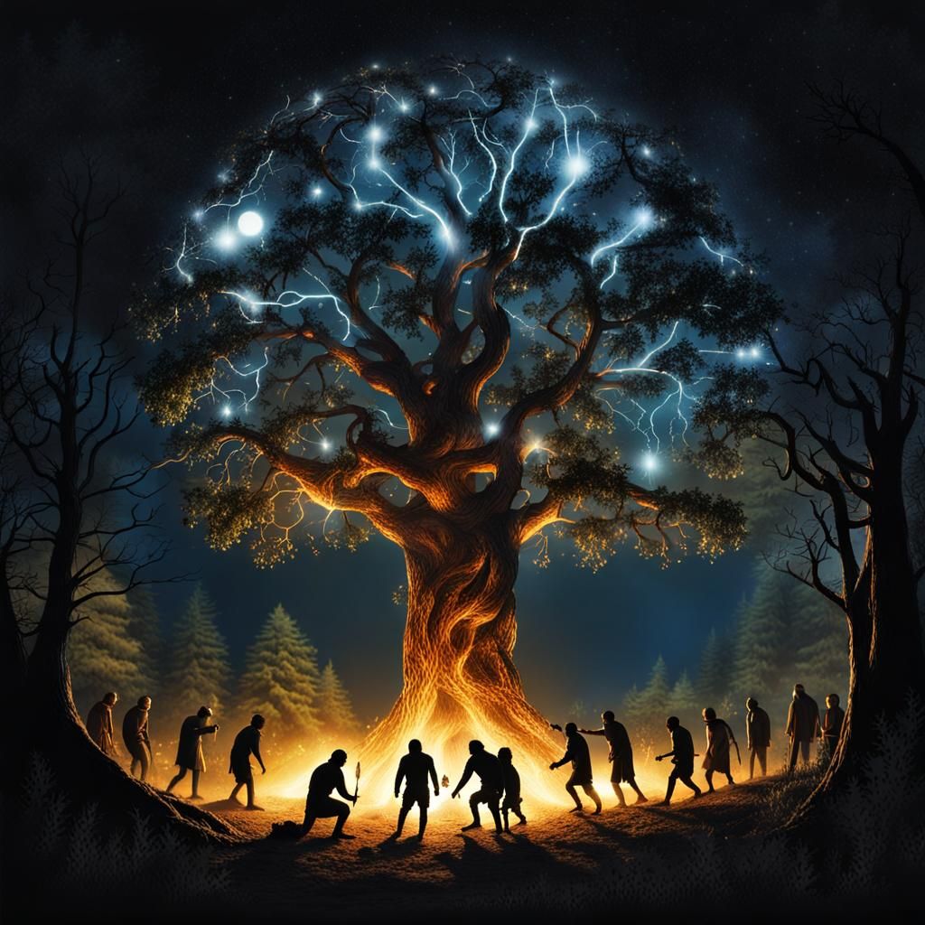 Primitive Humans Awestruck by Lightning Tree