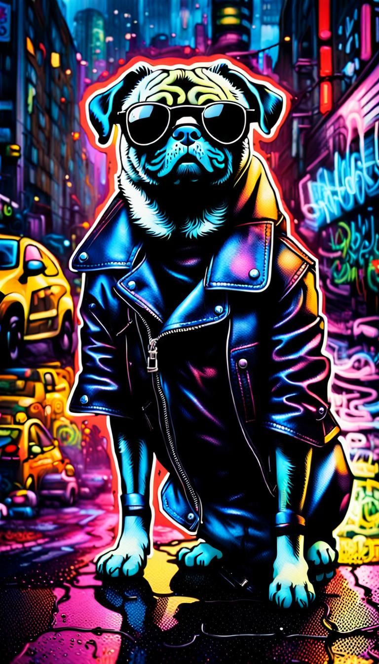 Cyberpunk Pug Sprays Graffiti in Neon Cityscape