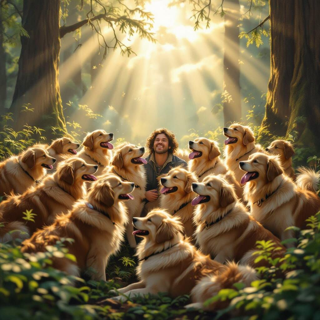 Joyful Golden Retrievers in Hoh Rain Forest with Divine Suns...