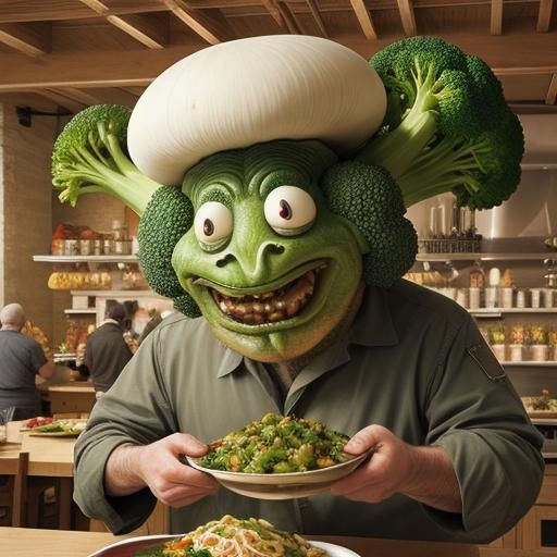 Surreal Man with Broccoli and Mushrooms Head