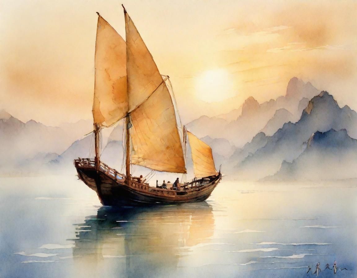 Chinese Junk Boat at Dawn: Impressionist Watercolor