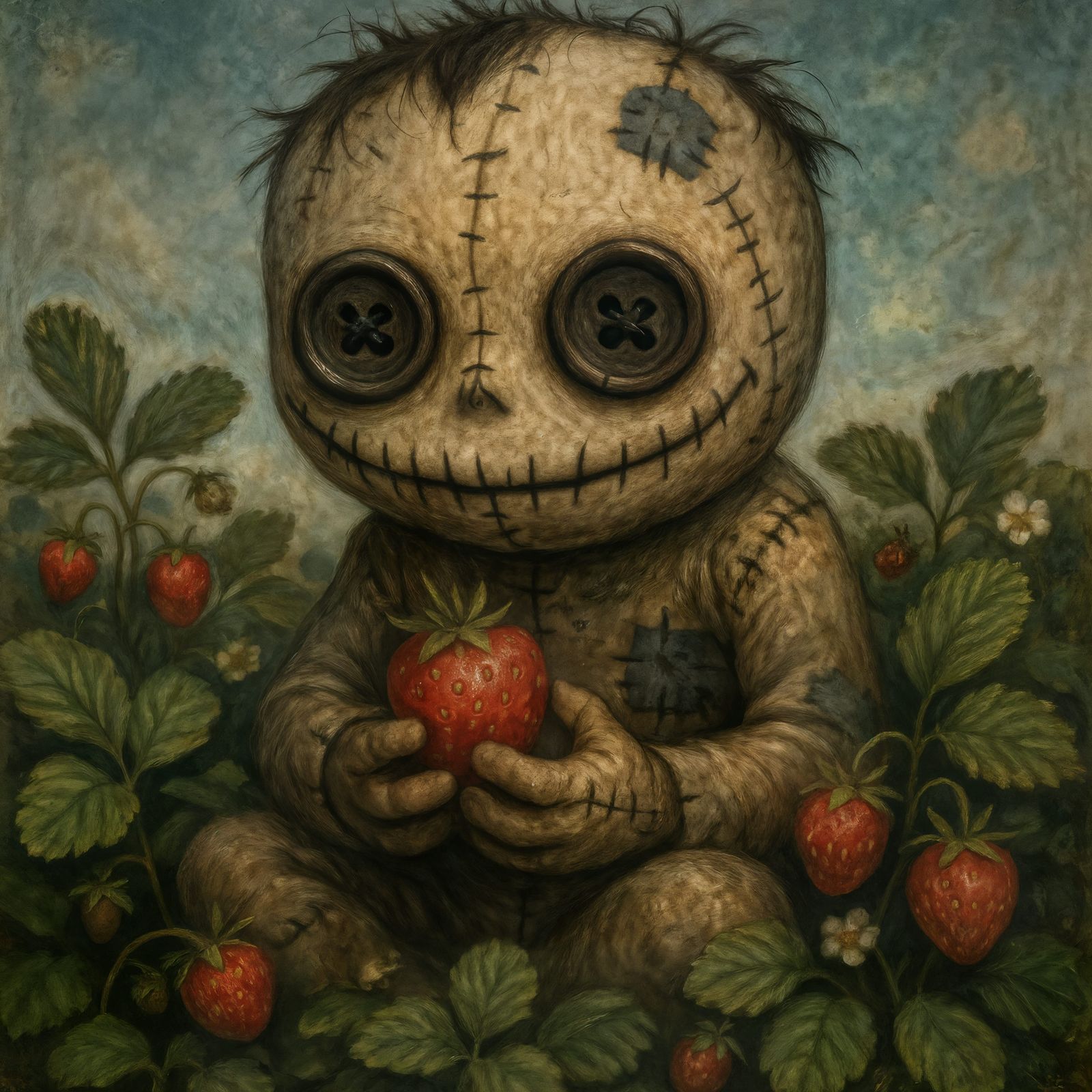 Scary Cute Man with Button Eyes in Strawberry Bushes