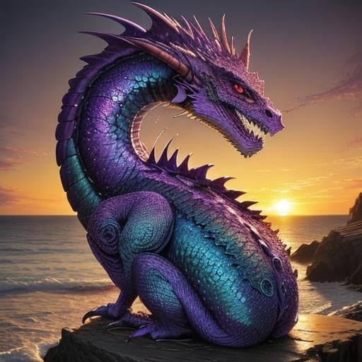 Majestic Purple Dragon on Beach at Dusk