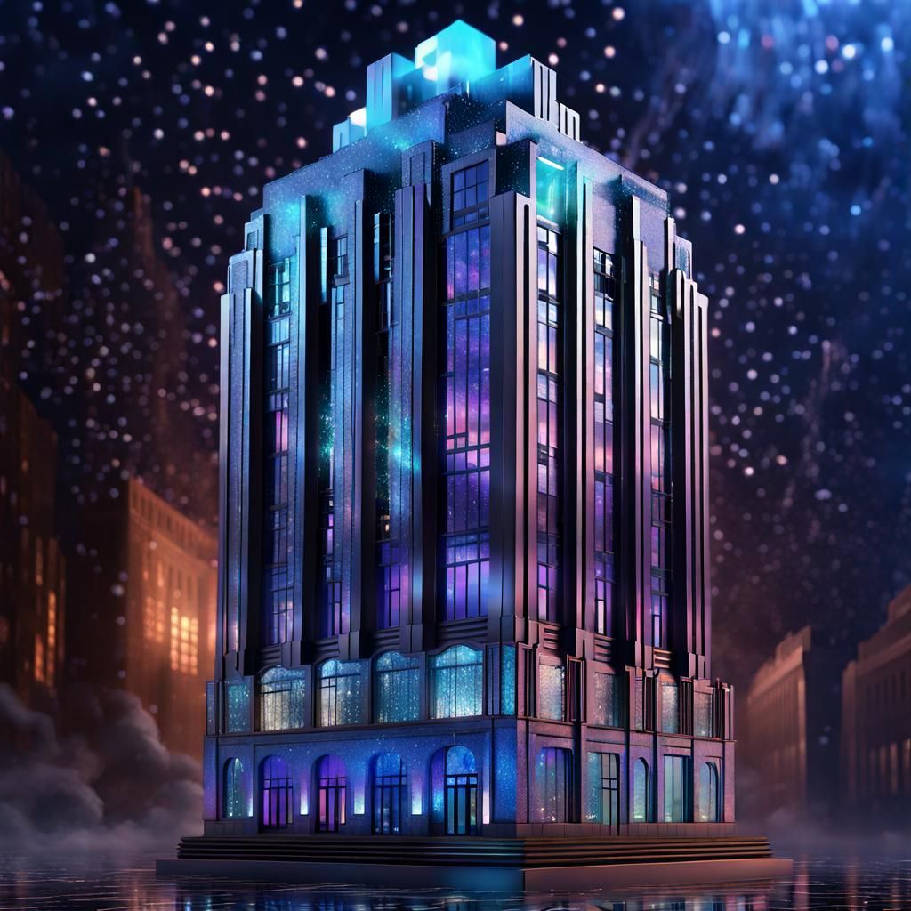 Iridescent Art Deco Building in Ethereal Landscape