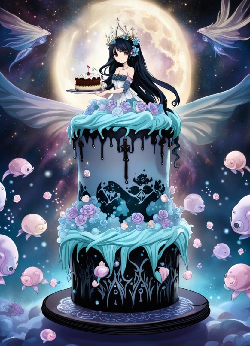 Gothic Mermaid and Cake in Underwater Realm