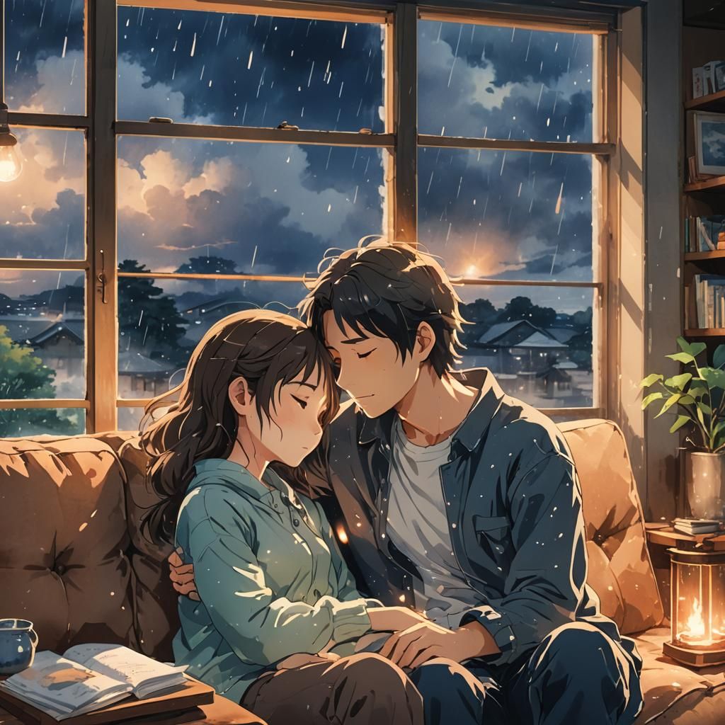 Couple Sleeping: A Cozy Anime Watercolor Scene