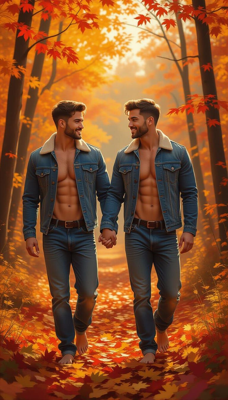 Couple Wanders Through Sunlit Autumn Forest