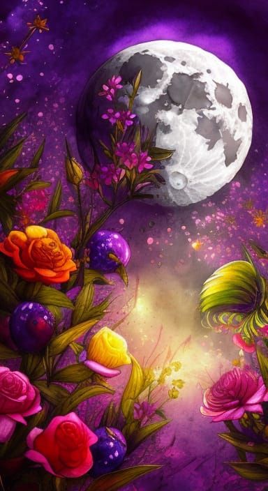 Hyperrealistic Moon with Flowers and Gems in Watercolor