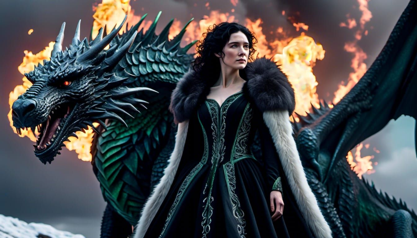 Female Jon Snow with Dragon in Hyperrealism