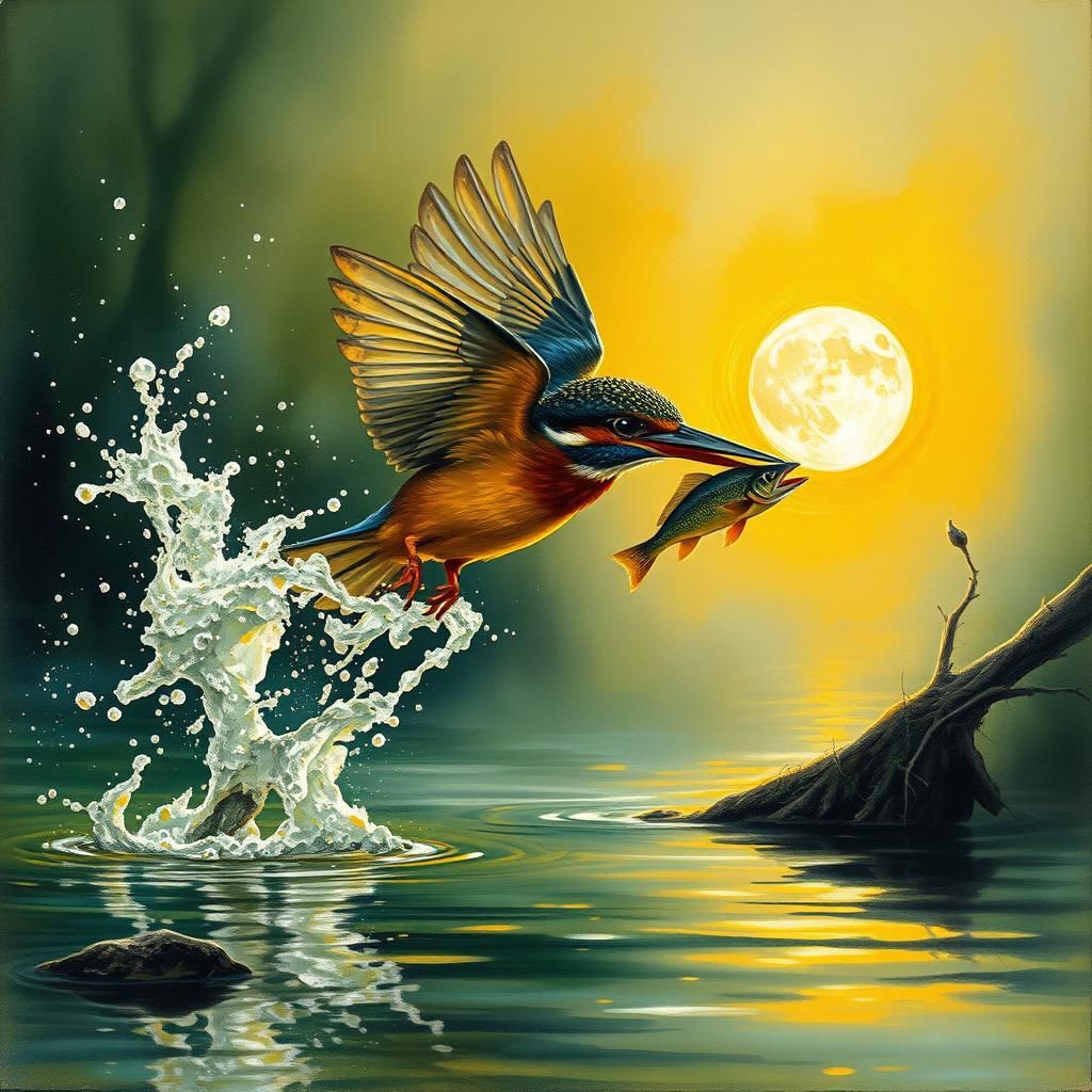 Kingfisher's Dive: A Watercolor in Autumnal Light
