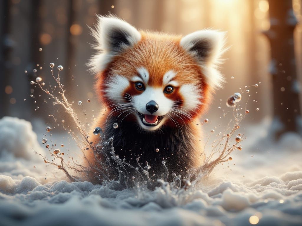 Hyperrealistic Red Panda Playing in Snow