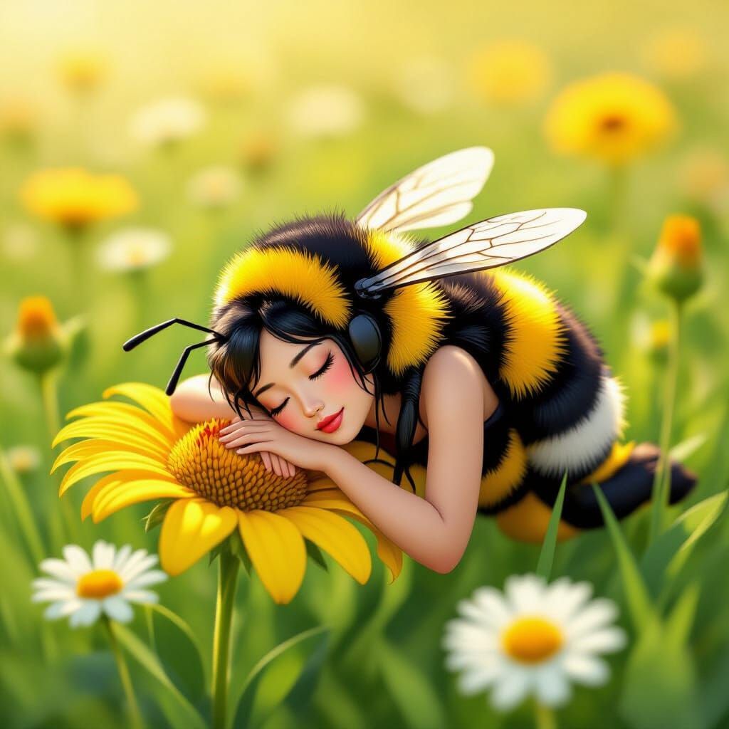 Anthropomorphic Bee Woman Sleeping in Flower Meadow
