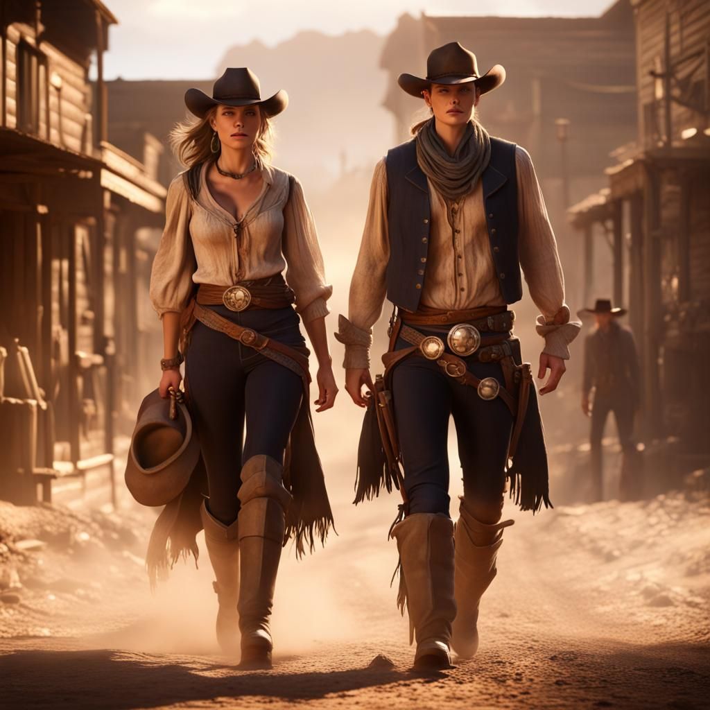 Cowboy and Cowgirl in Old Western Town, Matte Painting