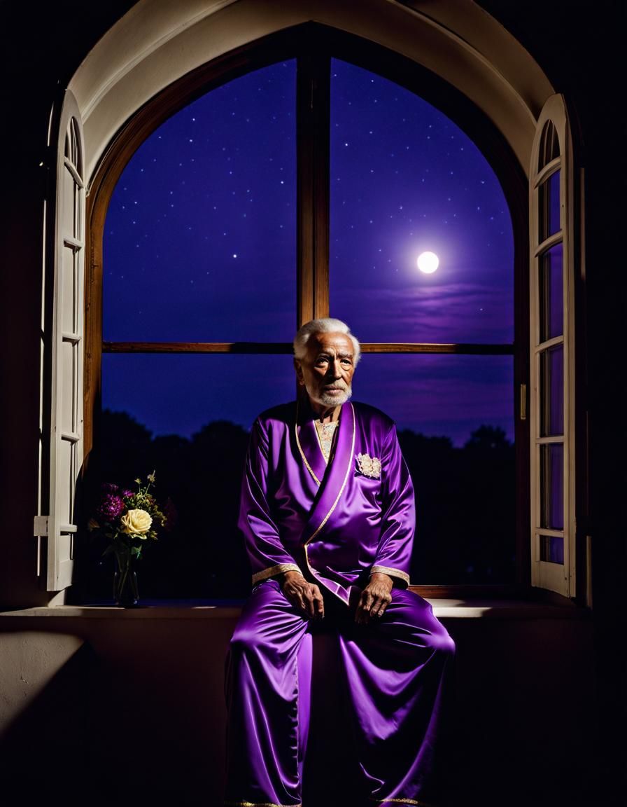 Elderly King in Silk Pajamas Under Moonlight