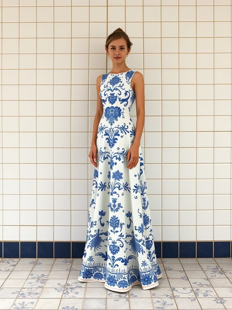Young Woman in Delft Tile Dress and Wall