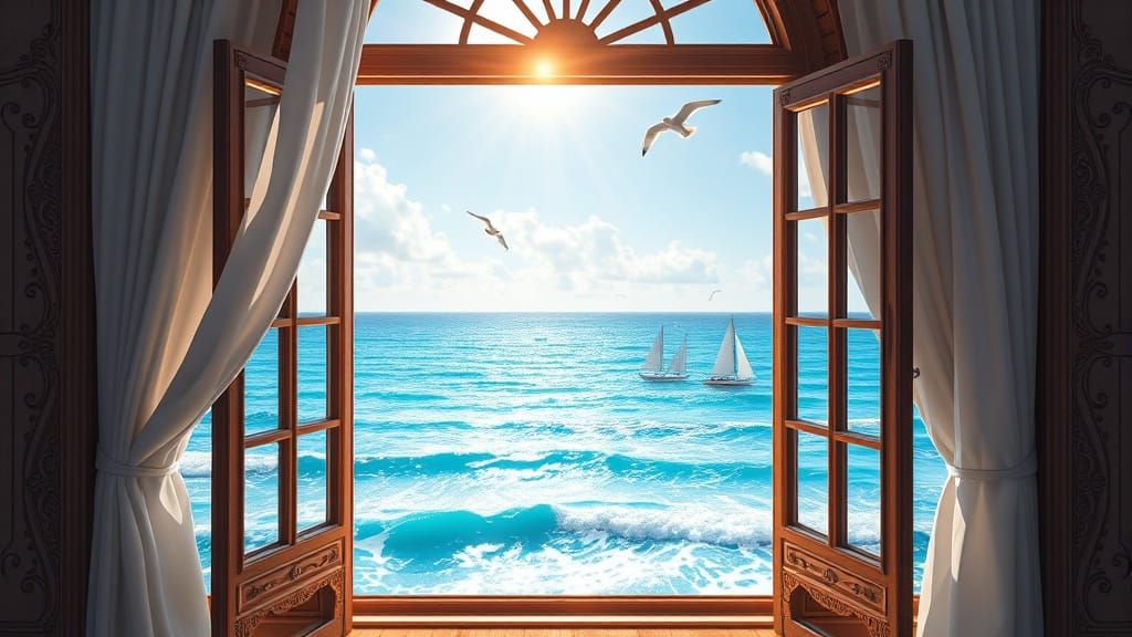Turquoise Seascape View Through Elegant Window