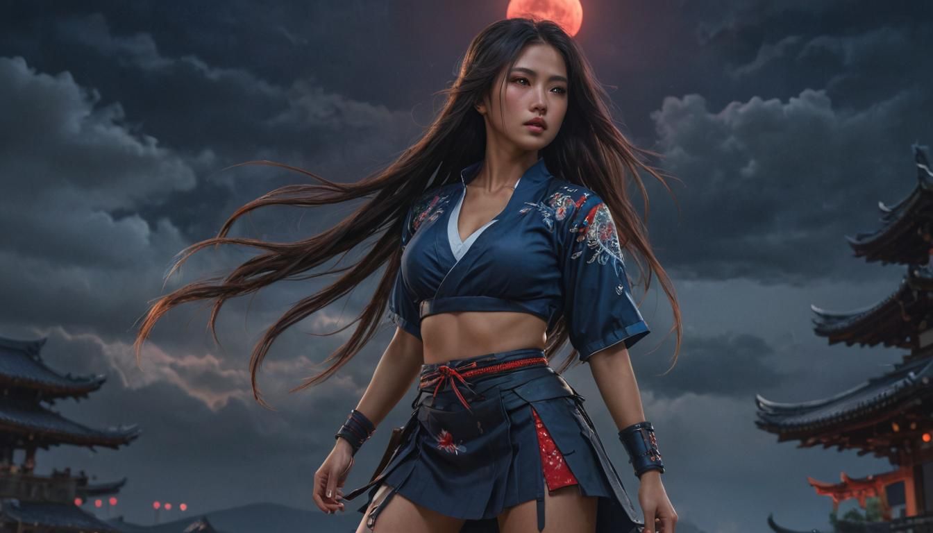 Japanese Fighter Under Red Moon in Night Storm