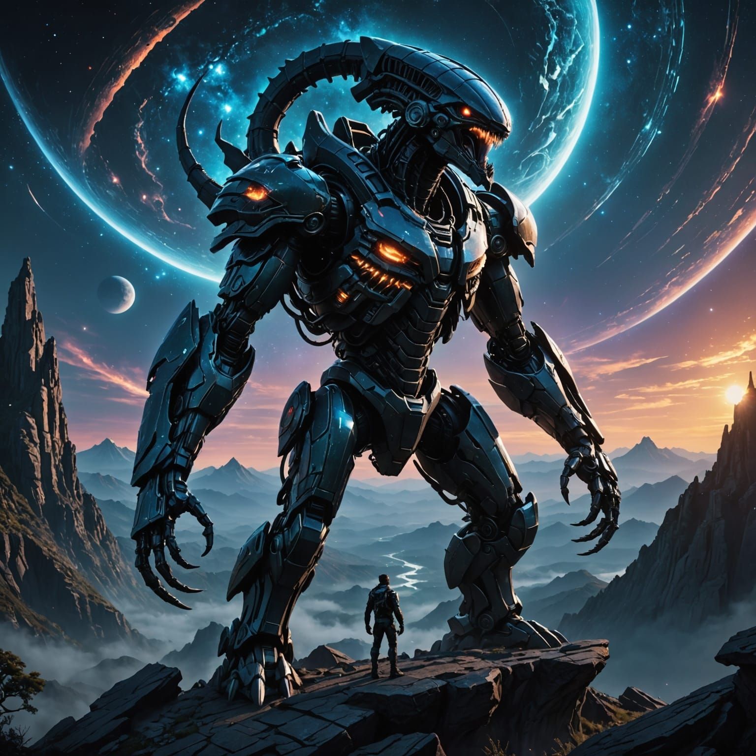 Celestial Xenomorph Coiled Around Ancient Observatory