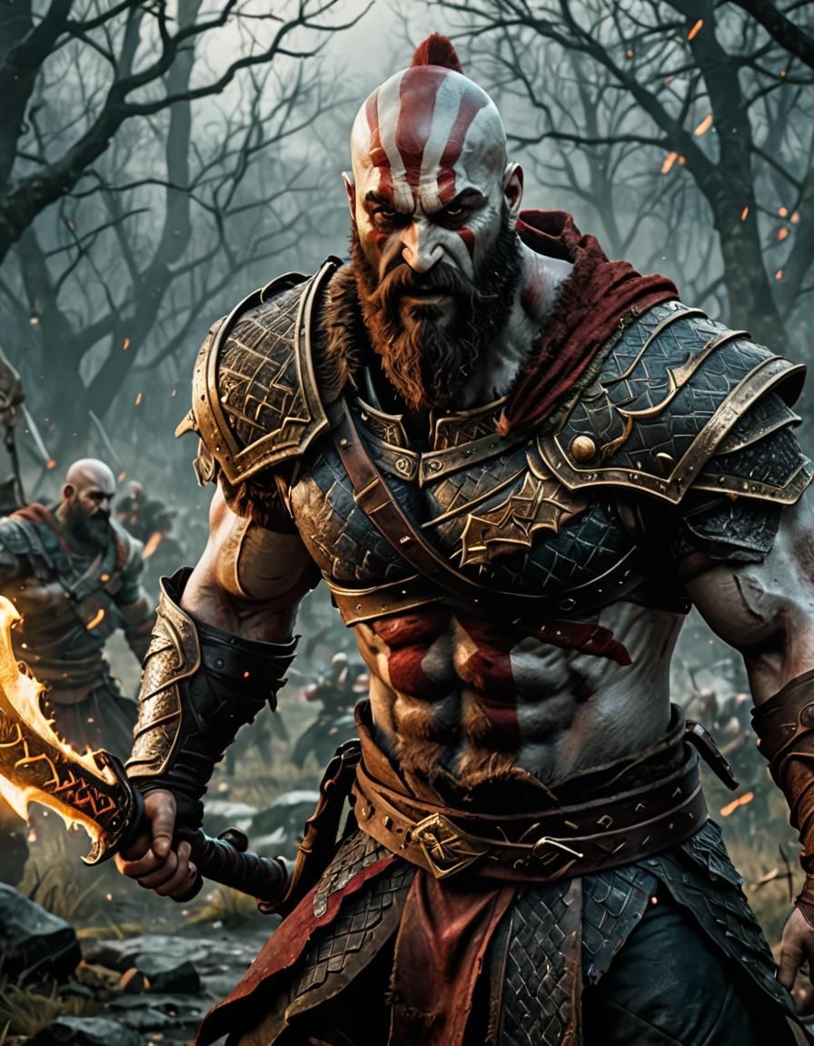 Kratos with Blades of Chaos: Realistic Cinematic Portrait