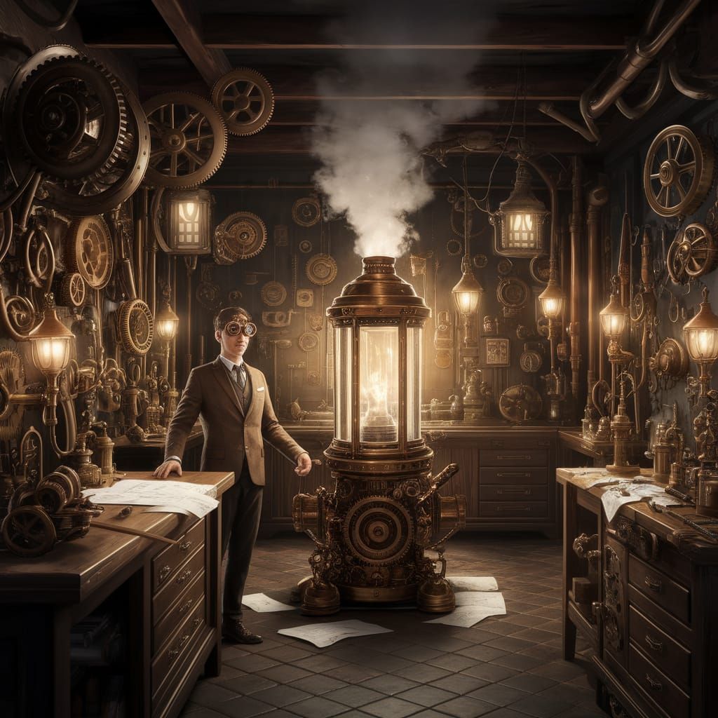Steampunk Inventor's Workshop of Intricate Brass and Steam-P...