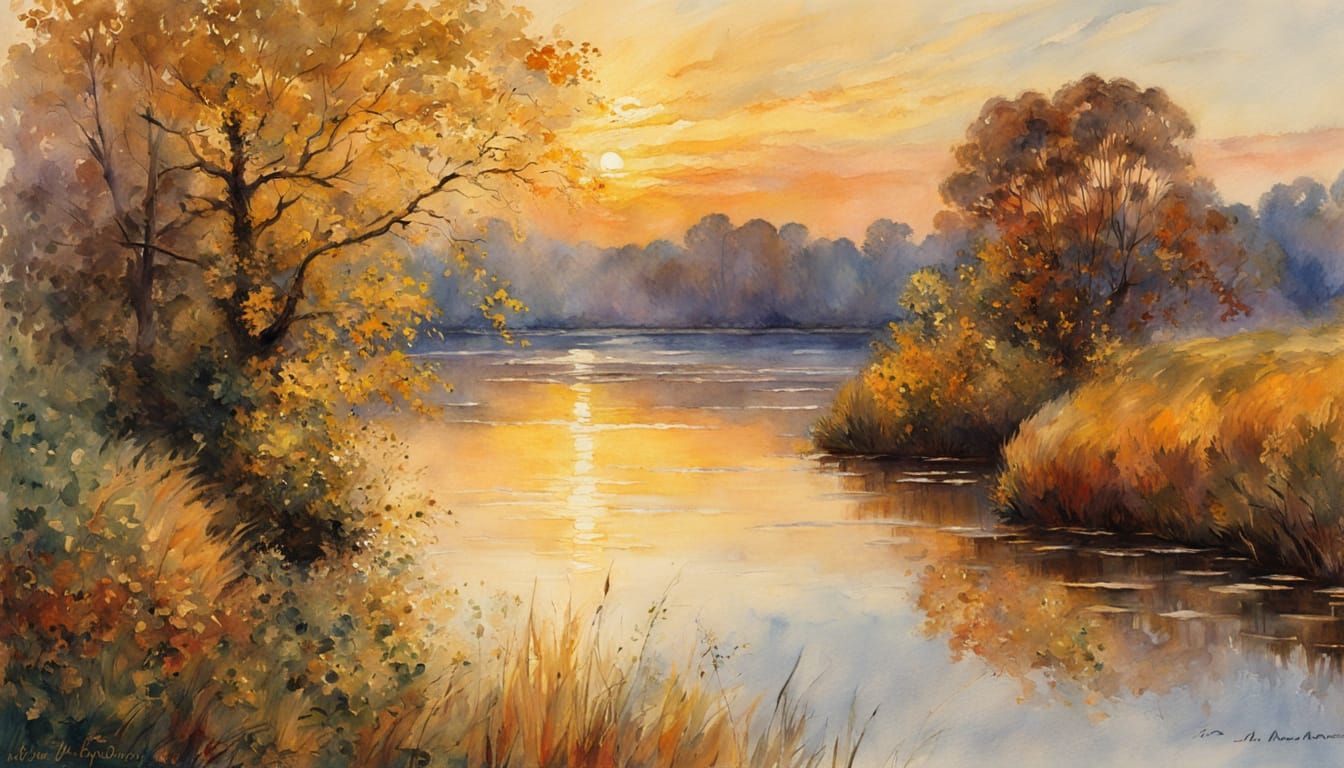 Whimsical Sunset Over Winding River in Watercolor