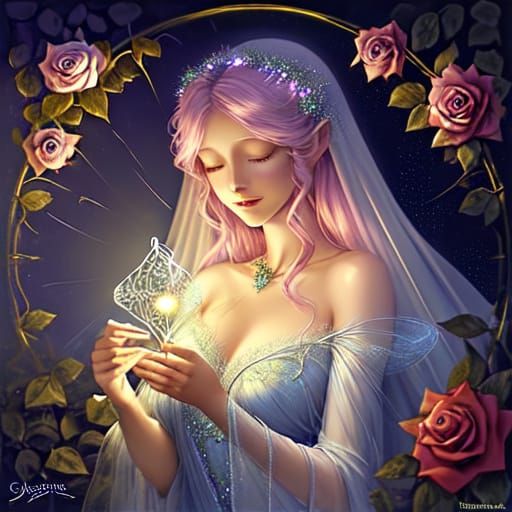 Glowing Spider Web Rose with Morning Dew