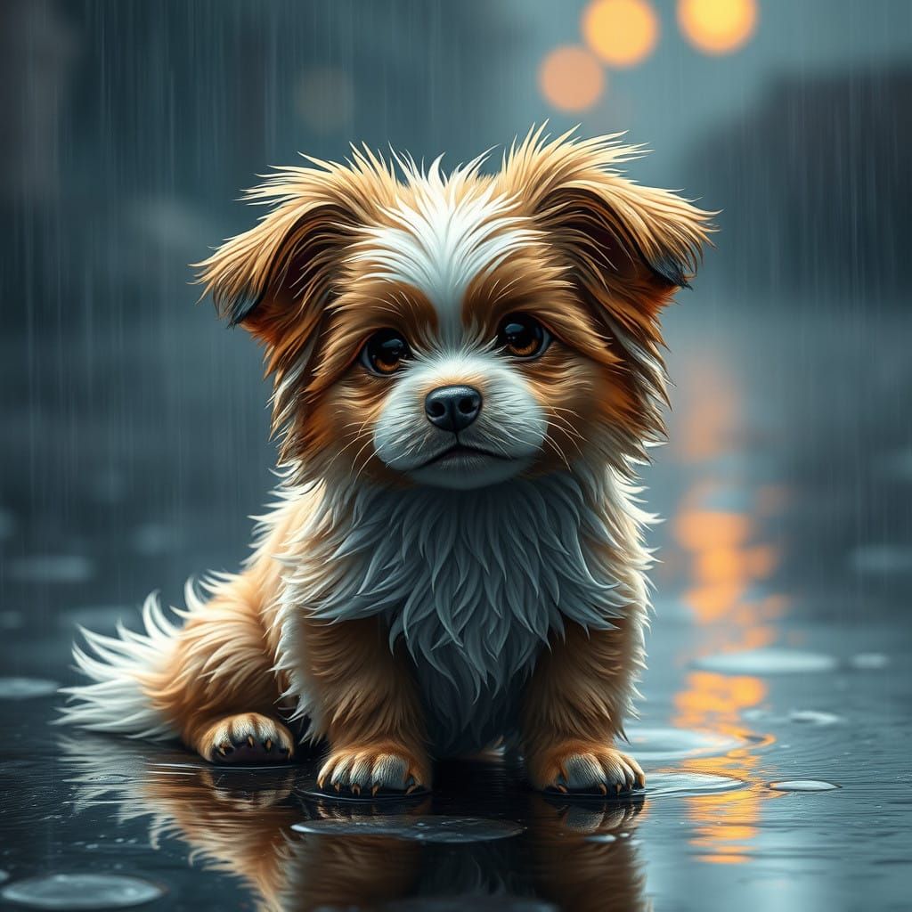 Surrealistic Realist Dog Sits in Rainy Puddles