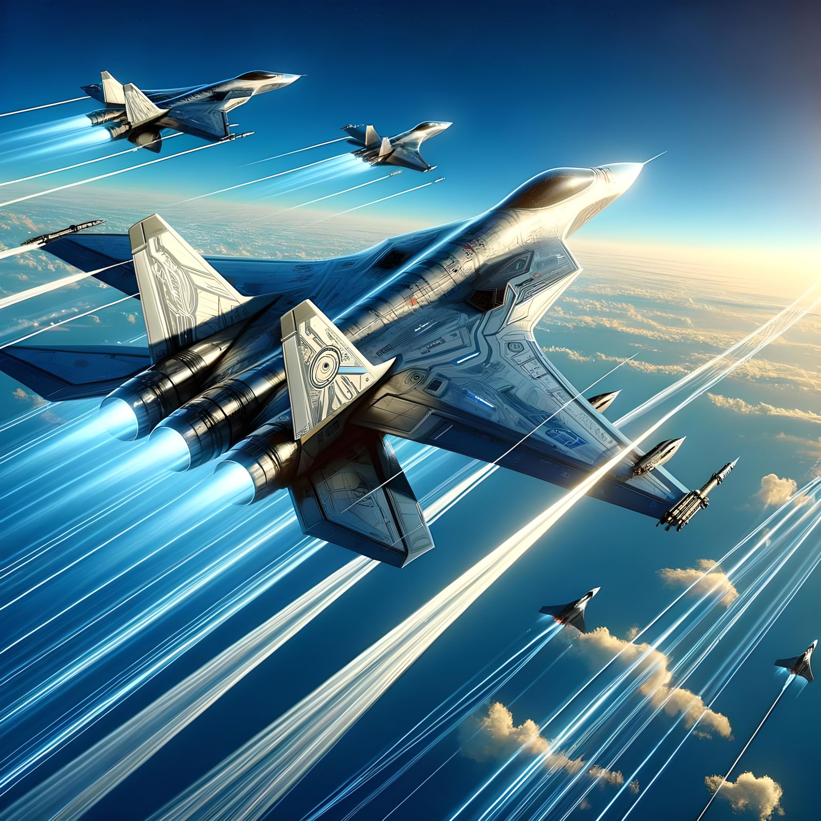 Futuristic Fighter Jets Soaring Through Blue Sky