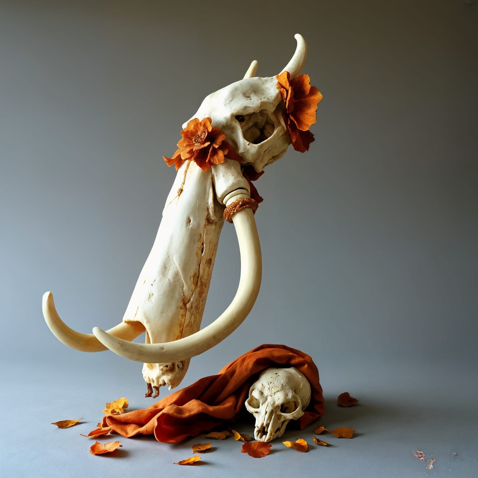 Ethereal Mammoth Ivory Sculpture Amidst Autumnal Ruins